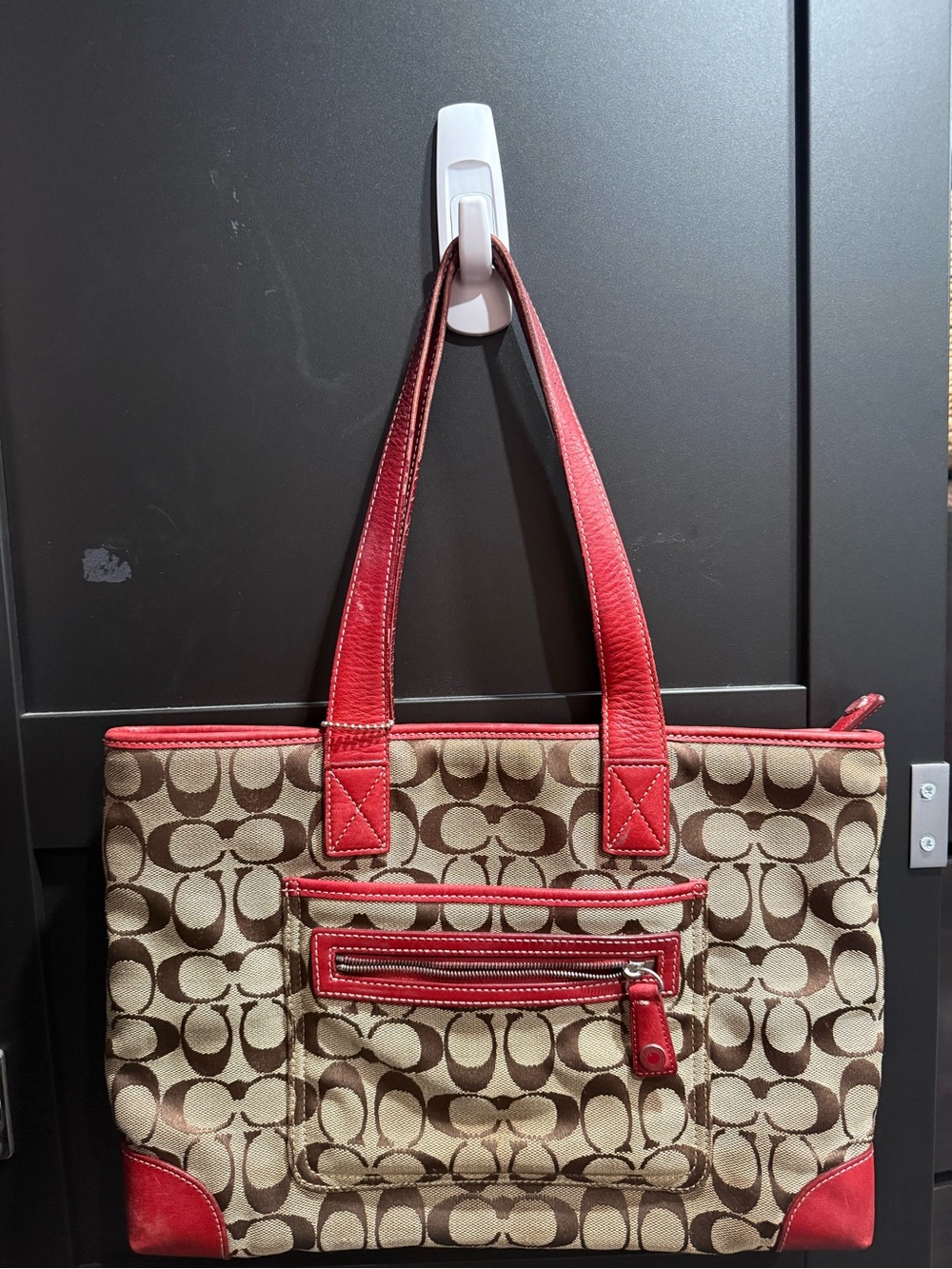 Vintage 2001 Coach Beige Signature Canvas Tote with Red Leather Trim